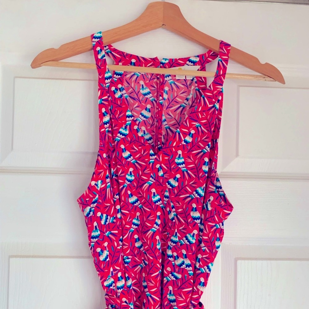 Boden Pink Tropical Midi Dress with Blue & White Bird Print